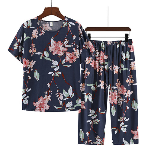 Cotton Silk Nightgown Set for Women - Summer Thin Short Sleeve Two-Piece Set - Summer Artificial Cotton Mother's Home Wear for Women - Summer Outerwear