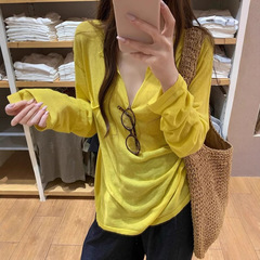 韩系黄色v领冰丝长袖防晒t恤罩衫女夏夏季外搭宽松薄纱上衣空调衫