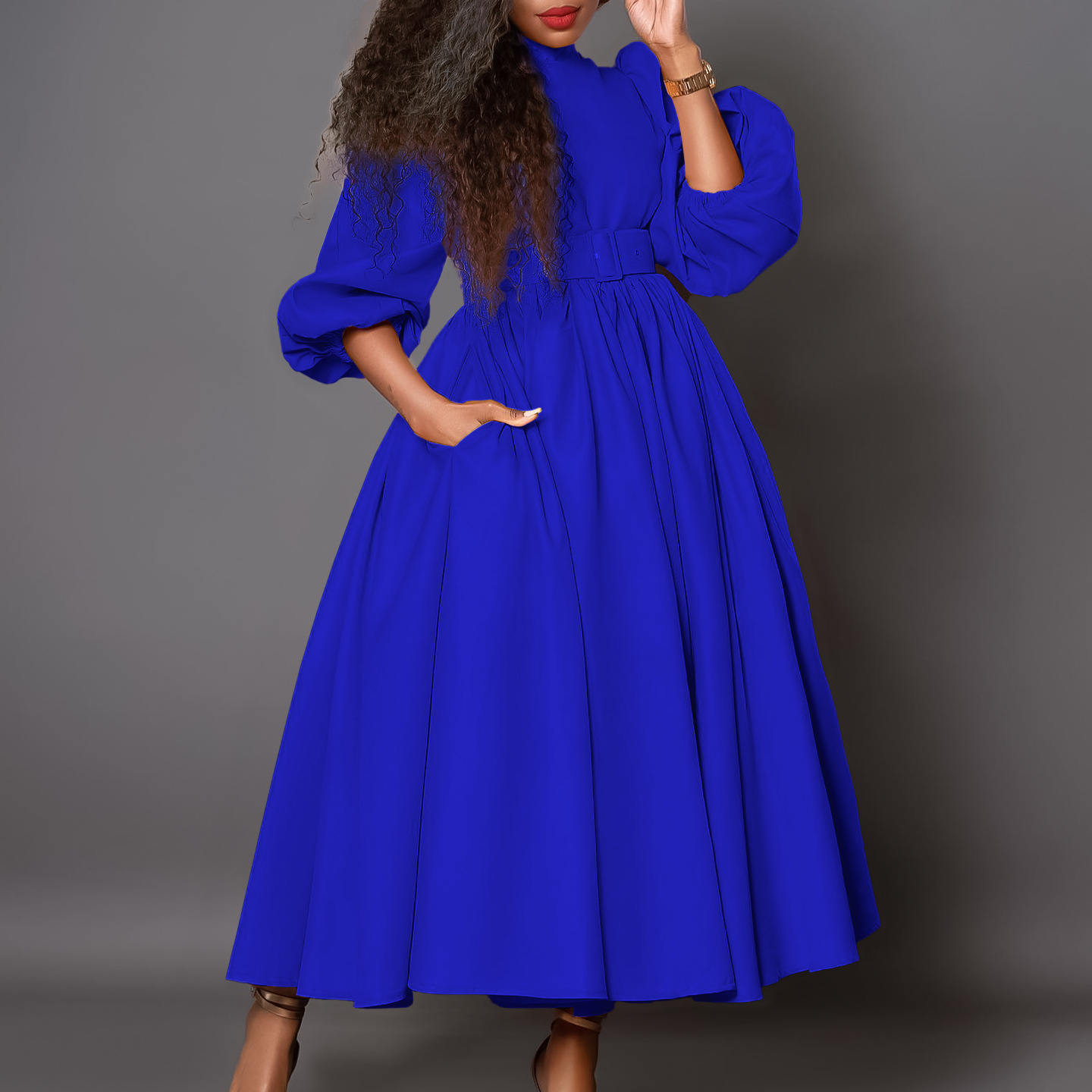 Women's Princess Dress Swing Dress Elegant Turtleneck Belt 3/4 Length Sleeve Solid Color Midi Dress Holiday Daily display picture 2