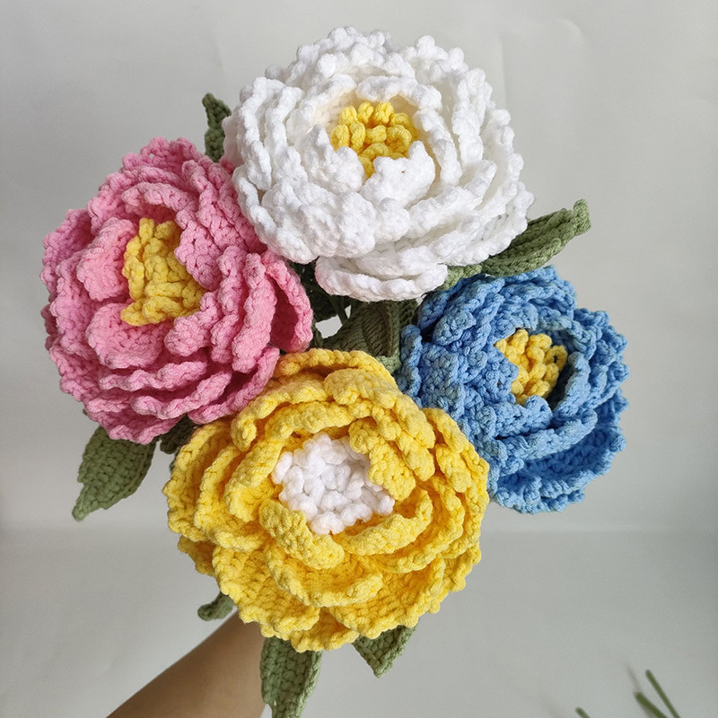 成品手工編織牡丹花花束成品創意毛線編織仿生花朵假花生日禮物