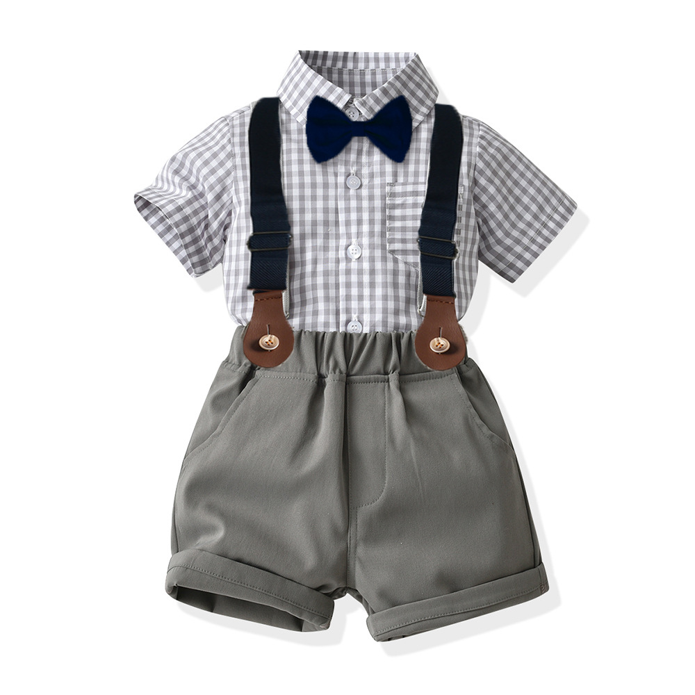 Verano de moda coreana corbata de color sólido camisa de manga corta para niños correa clip pantalones cortos vestido traje de rendimiento