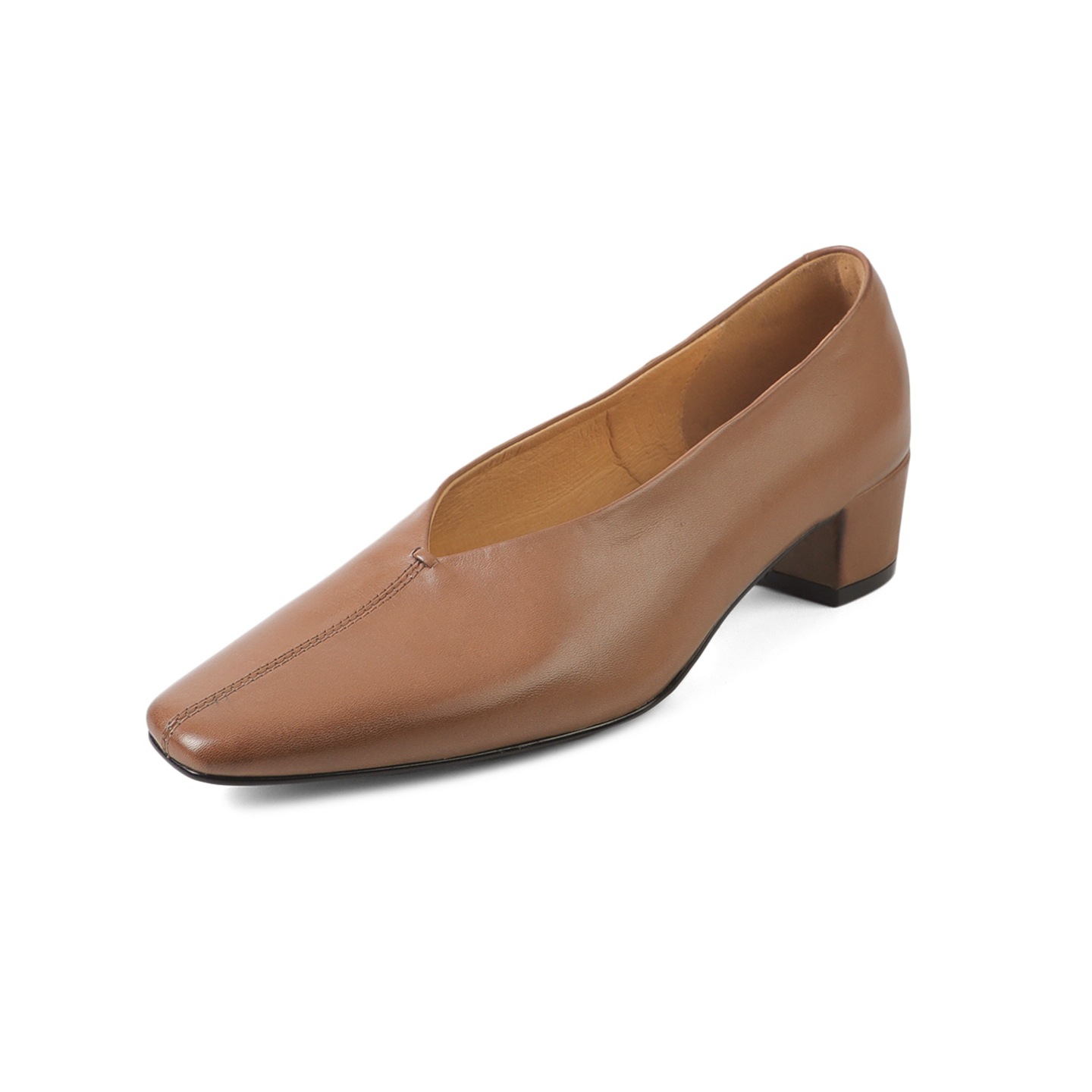 Giày nữ da bò gót vuông cổ V mũi nhọn, phong cách bà nội (granny shoes) đế thấp, đi làm hằng ngày — màu nâu