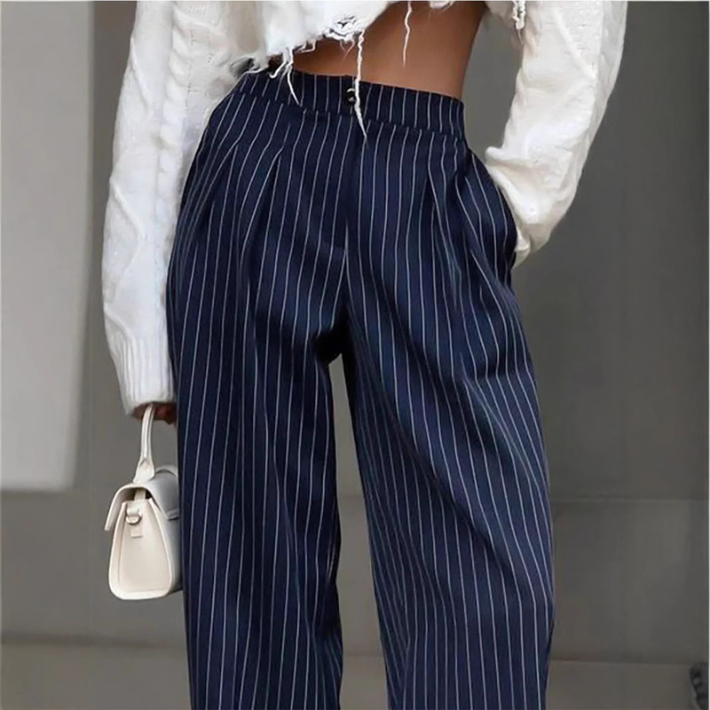 Cross-border Amazon striped suit fabric single-breasted oblique bag straight simple temperament commuter women's trousers