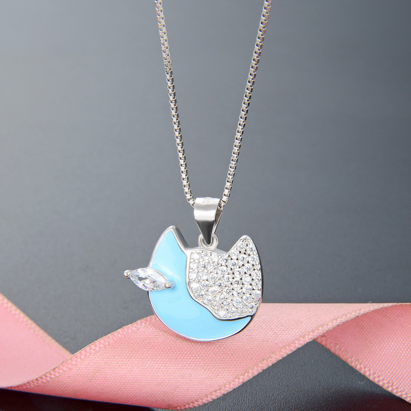 925 plata esterlina collar gatito diseño de dibujos animados mujer sensación de goteo de aceite animal colgante de piedra Amazon accesorios transfronterizos