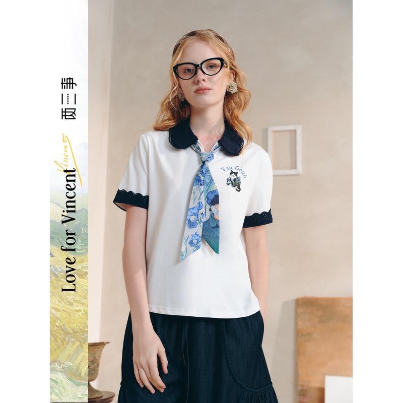 Van Gogh Artistic Starry Night Market 2026 Spring New Contrast Color Doll Collar Detachable Tie Printed T-Shirt for Women Van Gogh Artistic Starry Night Market 2026 Spring New Contrast Color Doll Collar Detachable Tie Printed T-Shirt for Women