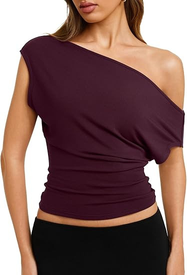 Women's Sexy Off Shoulder Asymmetrical Slim Fit Short Sleeve Top – Side Slash Neck Summer Tee_ecoleips.com