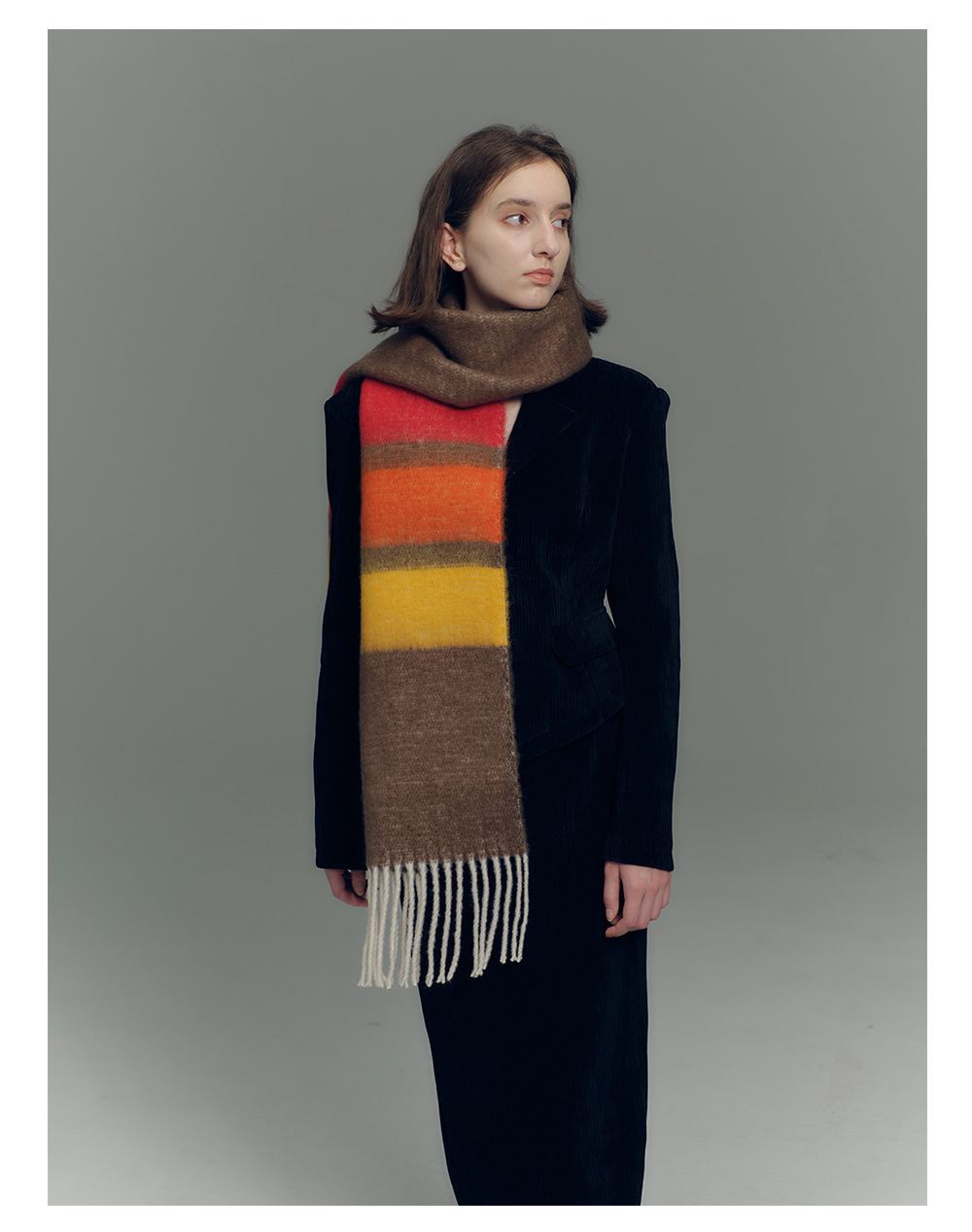 Designer-Schal mit Fransen aus Kaschmirimitat in Regenbogenfarben mit passenden Streifen für Damen im Herbst-/Winter-Stil mit weichem, verlängertem Halsausschnitt_voghion.com