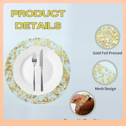 Table Mat Metal Gold Foil Grid Dinner Mat Pressed Round Amazon Table Mat Disposable Factory Wholesale Gold W18