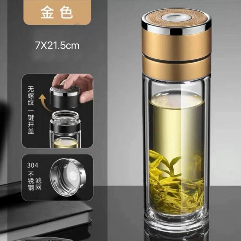 新款茶水分离杯男士车载速开杯一键开盖双层玻璃杯便携按压式水杯|undefined