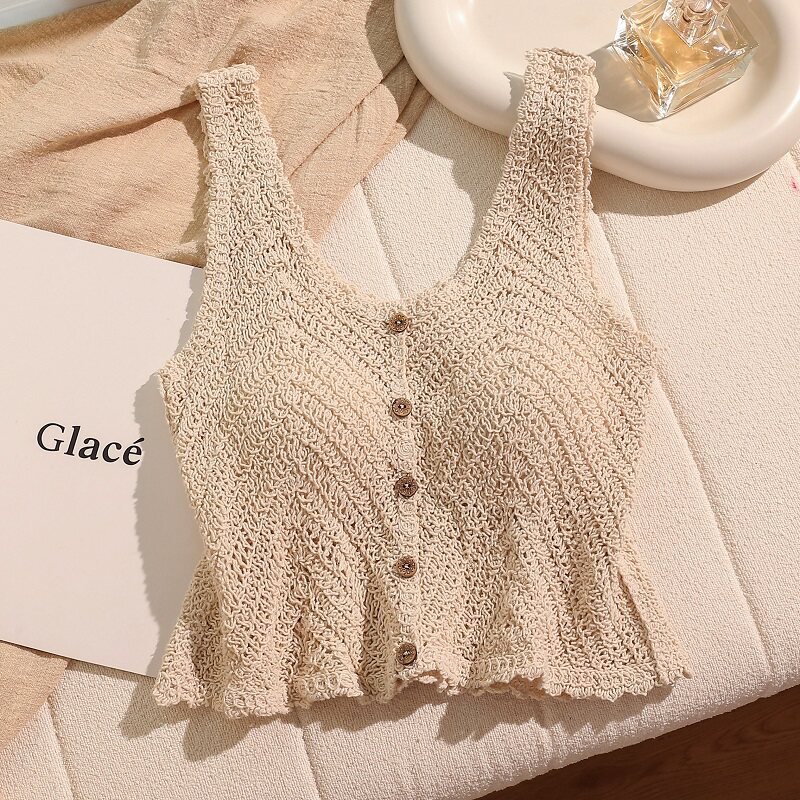 【Vest Collection】French-Style Hollow-Out Slim-Fit Short Camisole for Women, Unique and Exquisite Knit Top for Summer Wear