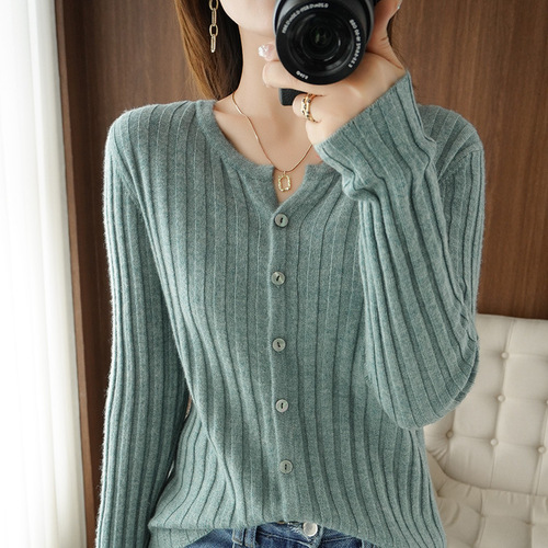 Pit strip long-sleeved spring and autumn new round neck open jacket women's top slimming women's wear base layer thin knitwear outerwear