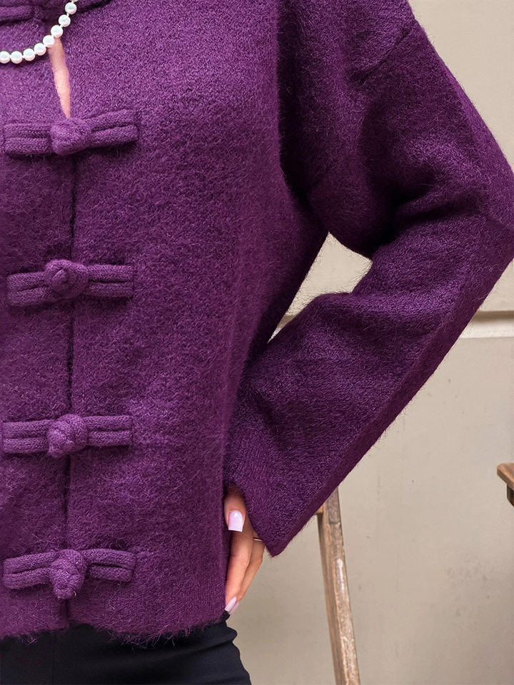 Áo cardigan len dài tay cổ tròn màu trơn cài khuy, form rộng — Màu tím, Xanh nhạt, Xanh quân đội, Xanh rêu đậm chi tiết 46