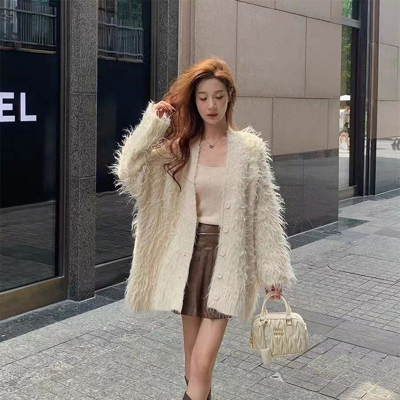 Autumn and winter soft waxy wool knitted cardigan women's new lazy relaxed mink hair medium long sweater coat