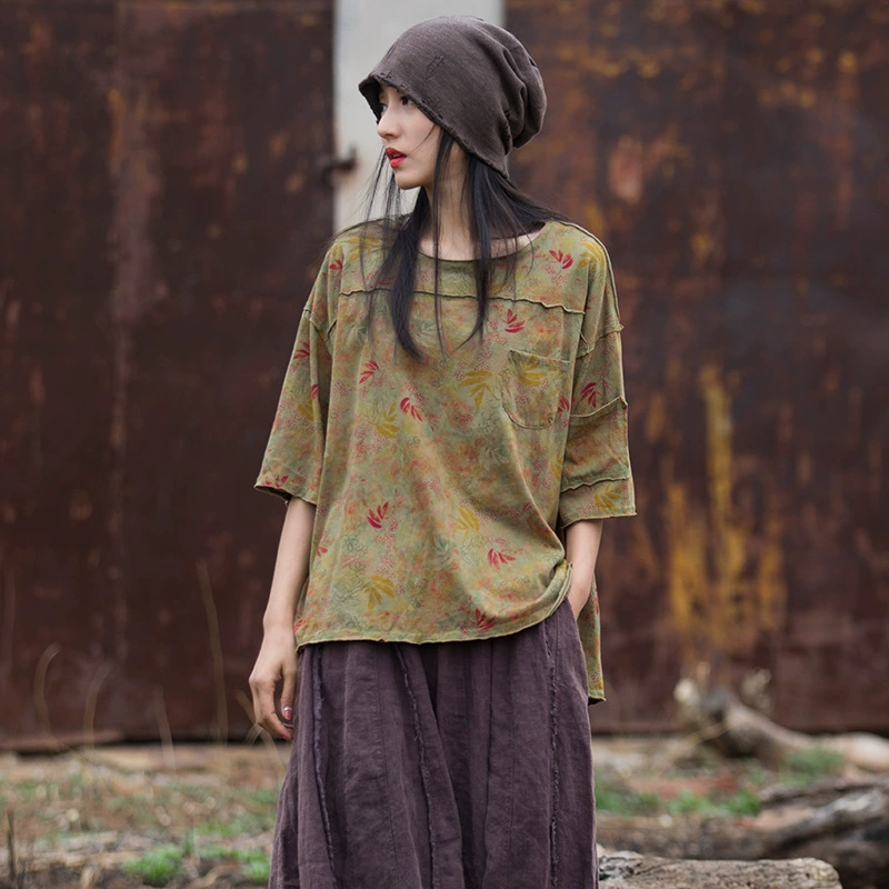 Цифровой принт шлифовальный старый хлопок и лен новый женский счетчик качества футболка с короткими рукавами литературный винтажный женский топ