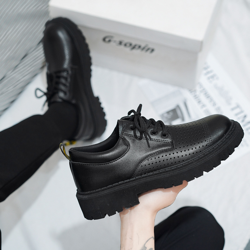 Zapatos de cuero con cordones de suela gruesa de corte bajo casual para hombre de primavera 2025 zapatos de cuero transpirables perforados de cuero de todo fósforo negro zapatos de hombre