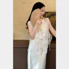 2024新中国風禅意中国風ノースリーブベスト女性スカートセット茶系刺繍金
