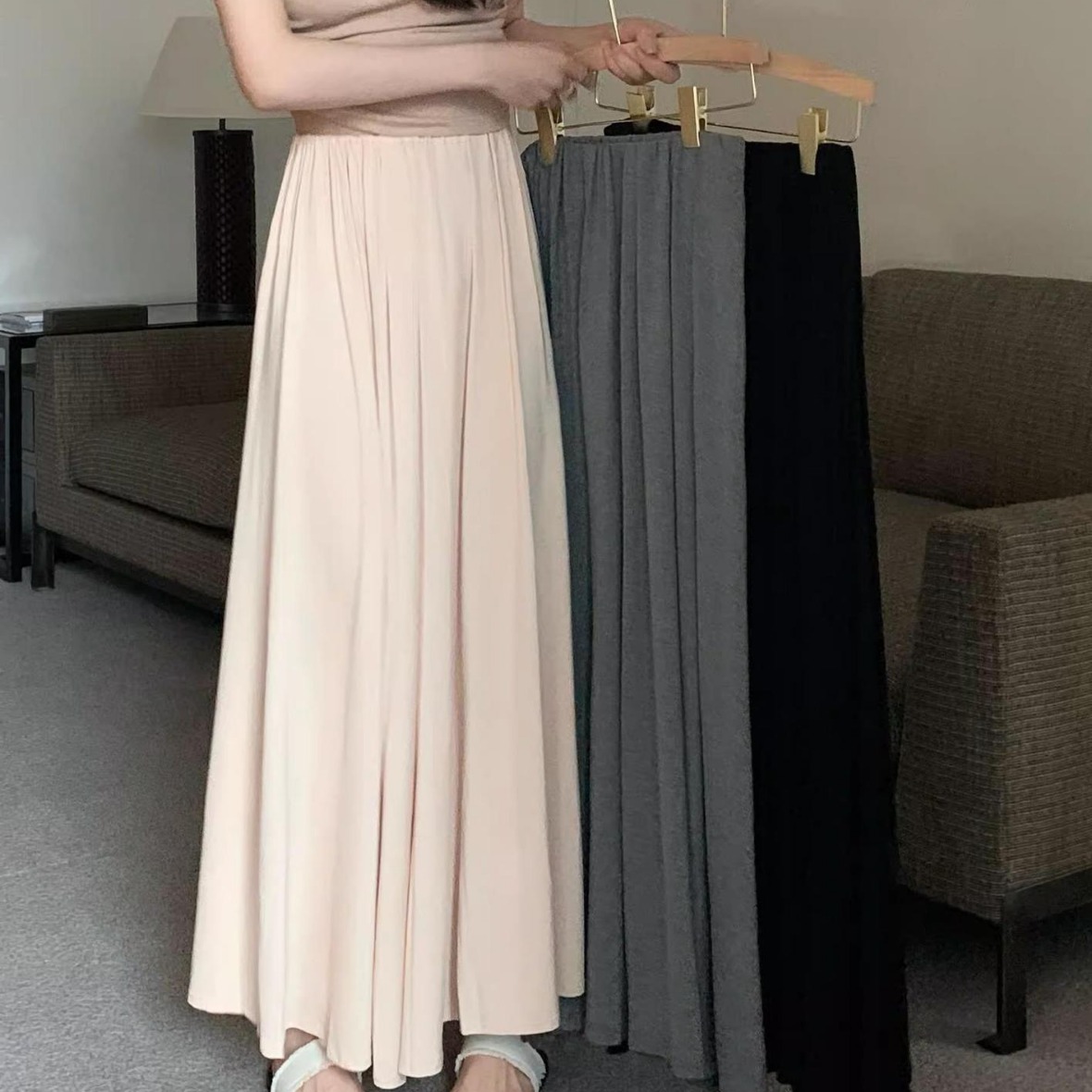 Korean Style Lazy Style A- Line Skirt Women's Summer 2023 New Fashionable High Waist Loose Drape Holiday Long Skirt