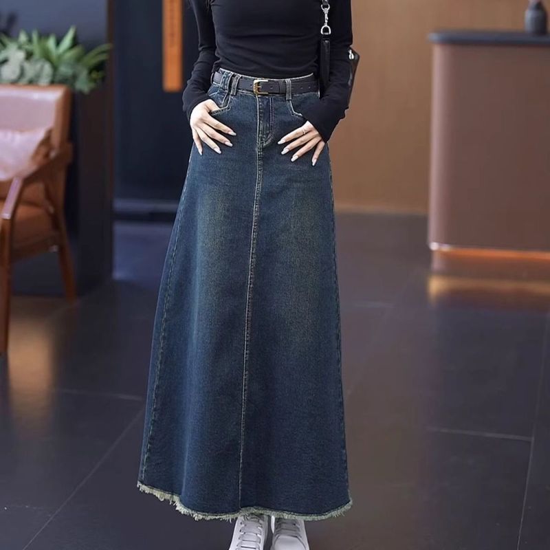 牛仔长裙女早秋2025新款复古高腰显瘦过膝毛边半身裙子包臀a字裙|undefined