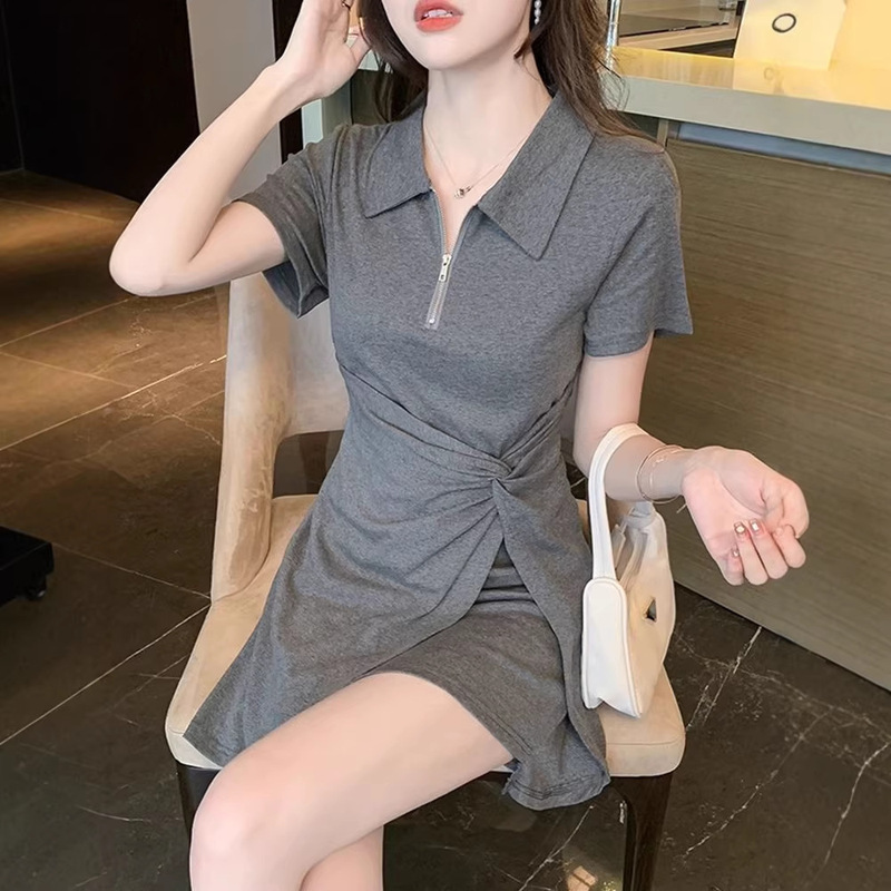 2026 Summer Waist-Cinching Polo Collar Dress for Women, New Summer 2025 Style, Tummy-Concealing, Slimming Design, Irregular Short Dress 2026 Summer Waist-Cinching Polo Collar Dress for Women, New Summer 2025 Style, Tummy-Concealing, Slimming Design, Irregular Short Dress