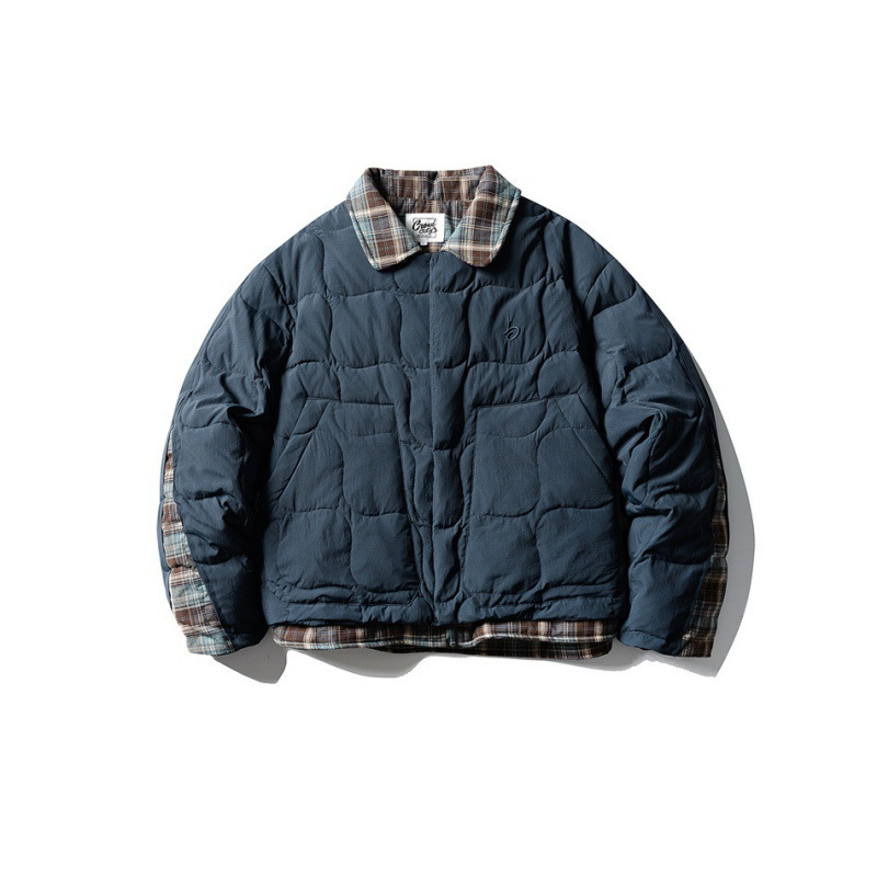Crowd City Winter down Jacket Men's Lapel Loose White Duck down Retro Fake Two-Piece Plaid Jacket Y620 Crowd City Winter down Jacket Men's Lapel Loose White Duck down Retro Fake Two-Piece Plaid Jacket Y620