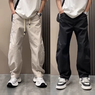 韩系简约弯刀休闲裤男春秋宽松阔腿直筒版型帅气百搭男生工装裤