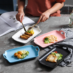 2021新款北歐陶瓷盤雙耳鏤空長方形烤盤商用餐廳正方菜盤子速賣通
