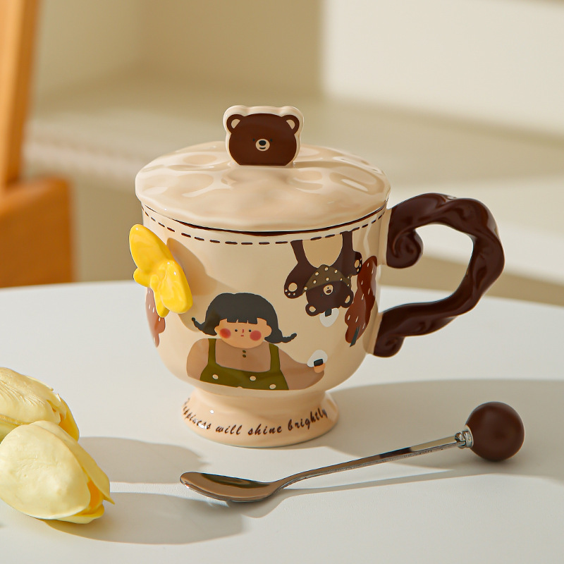 Retro chica taza de pie alto caja de regalo mariposa alta sensación de taza de cerámica con tapa de regalo de cumpleaños de chicas