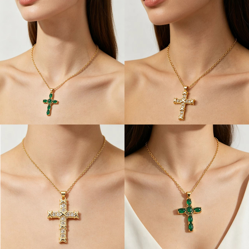Cross-Border Hot-Selling Copper Gold-Plated Personalized Zircon Pendant High-End Unisex Cross Necklace Light Luxury Chrome Necklace Jewelry