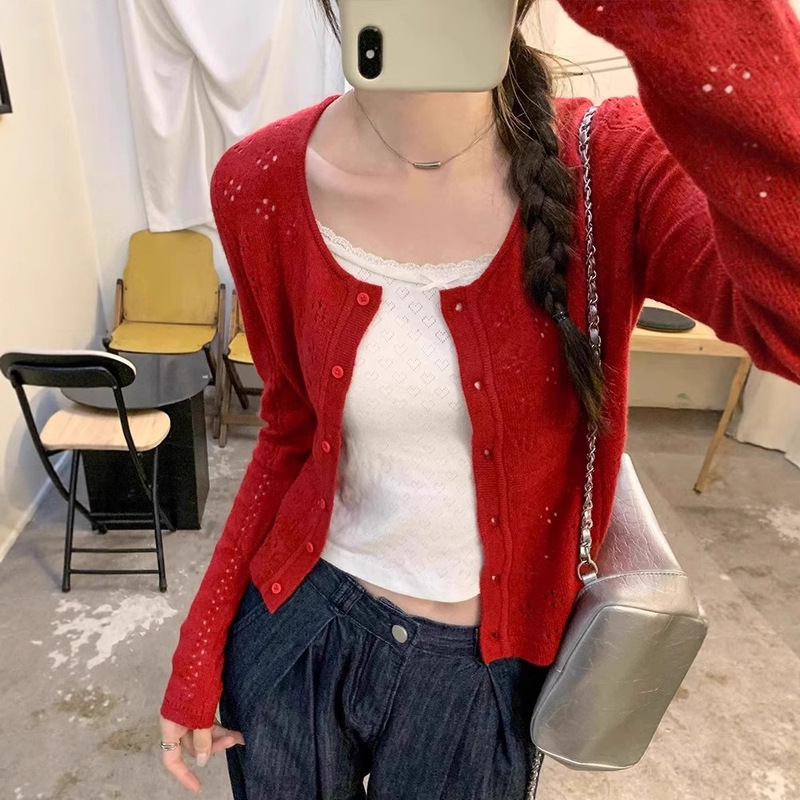 红色镂空短款针织开衫女2025夏季新款设计感薄款显瘦防晒长袖上衣|undefined
