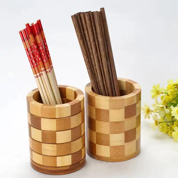 Wooden Round Desktop Chopsticks Holder Plaid Household Tableware Storage Box Engraving LOGO Restaurant Chopsticks Holder