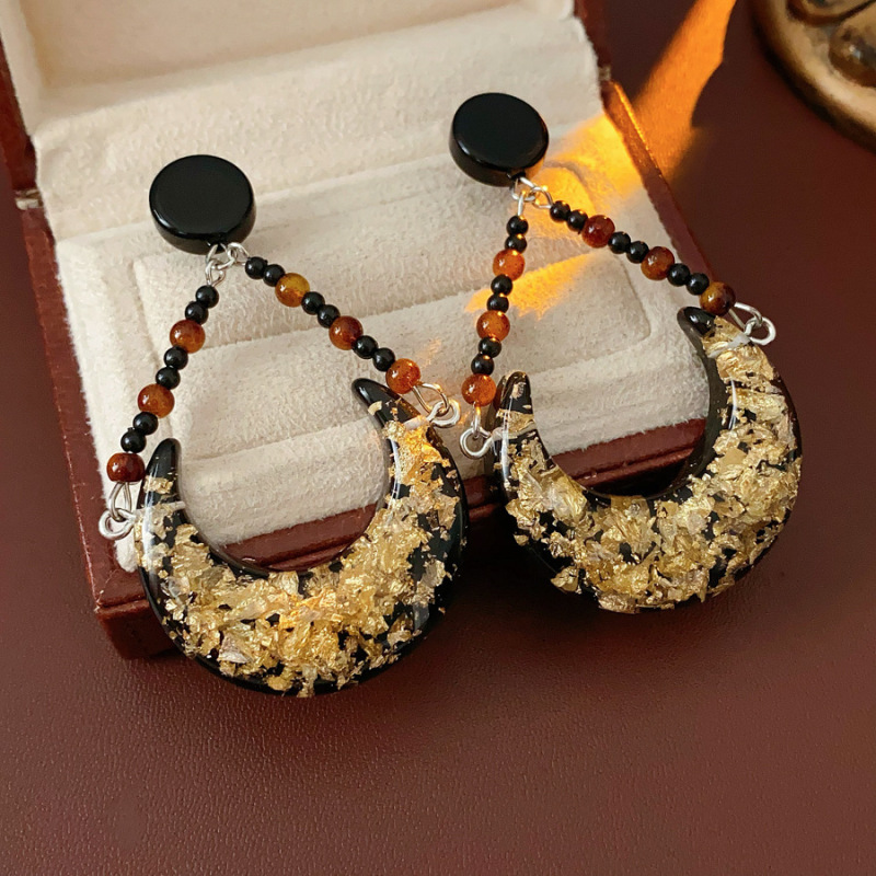 中古vintage树脂金箔月牙耳环设计感小众耳钉复古气质高级感耳饰|undefined