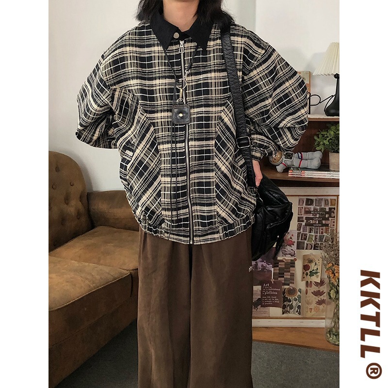Sf/Spring and Autumn Korean Retro Fashionable Pilot Short Plaid Jacket Men's Loose Lapel Jacket Trendy