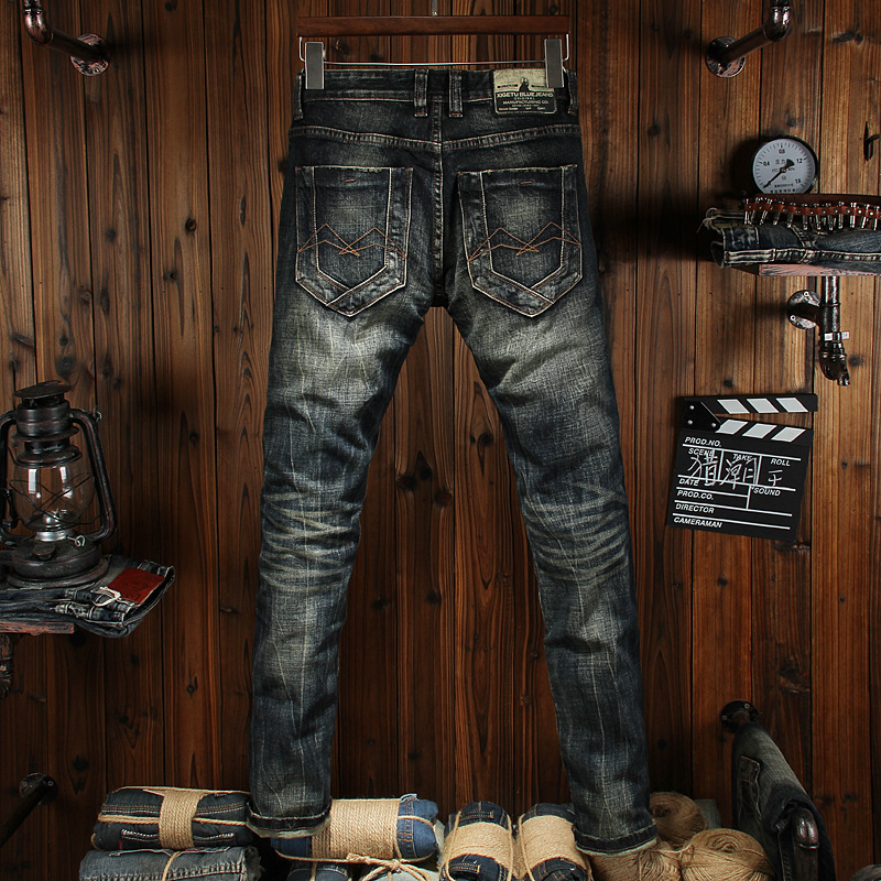 Spring and Summer Retro Men's Jeans Slim-fit Small Straight Ripped Patch Personalized Trendy Stretch Young Men's Pants