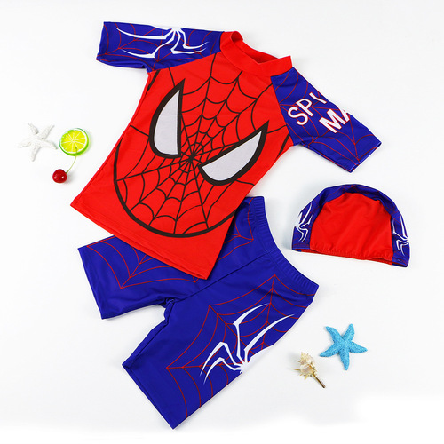 Cartoon three-piece set for children and boys split baby boy swimming trunks short-sleeved beach sun protection hot spring swimsuit wholesale