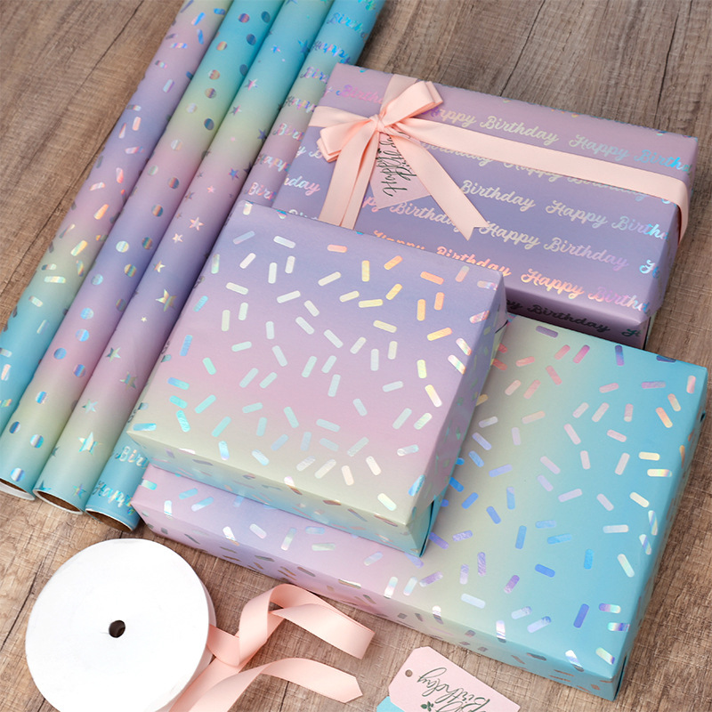 Amazon venta caliente de papel de gran tamaño envuelto en papel de regalo de cumpleaños de San Valentín papel de aluminio láser caja de regalo papel de embalaje