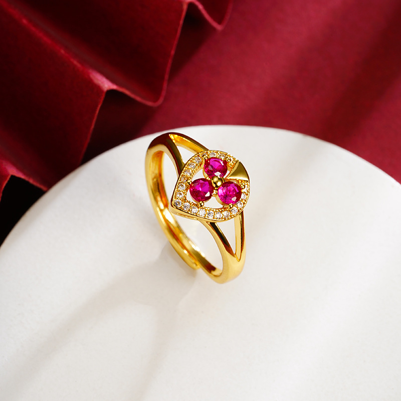 Anillo de oro de arena vietnamita retro lujoso ligero con diamantes púrpura de polvo abierto amor anillo de tendencia femenina no se desvanecerá joyas de mano