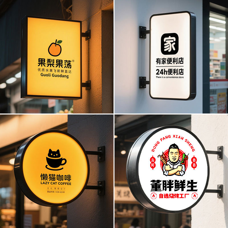 户外防水广告牌门头招牌logo挂墙式双面圆形灯箱广告牌侧挂门口