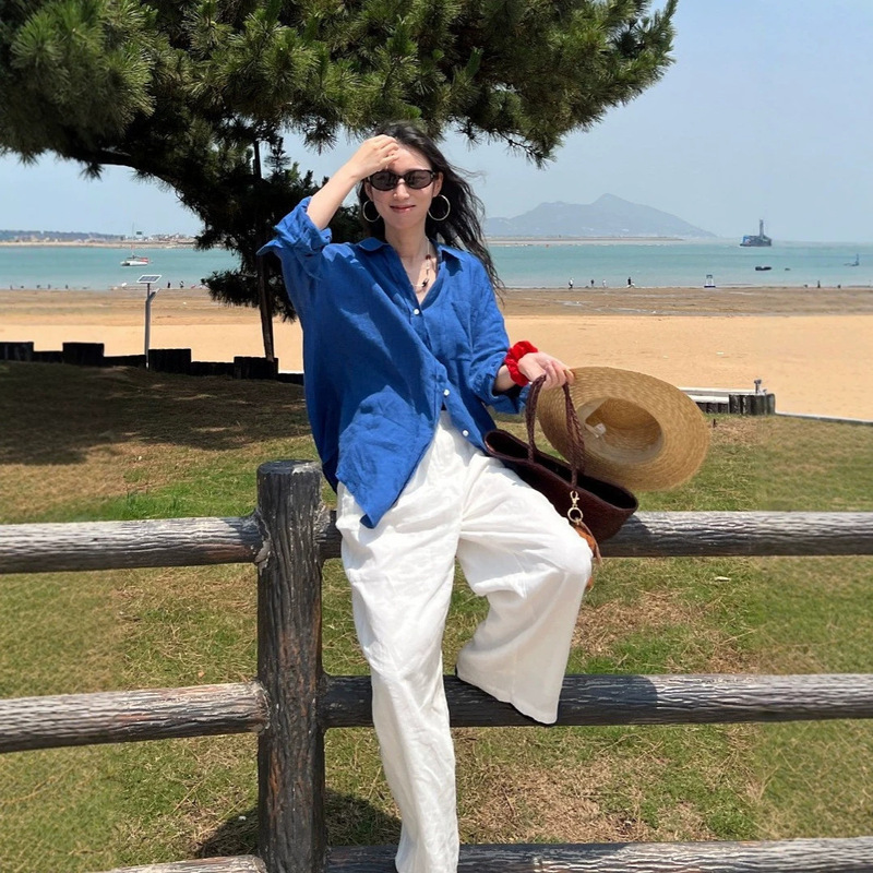 Full Linen Long-Sleeve Shirt for Women, Spring/Summer 26, French Linen Turn-Down Collar Pocket Shirt, Loose Blue Top Full Linen Long-Sleeve Shirt for Women, Spring/Summer 26, French Linen Turn-Down Collar Pocket Shirt, Loose Blue Top