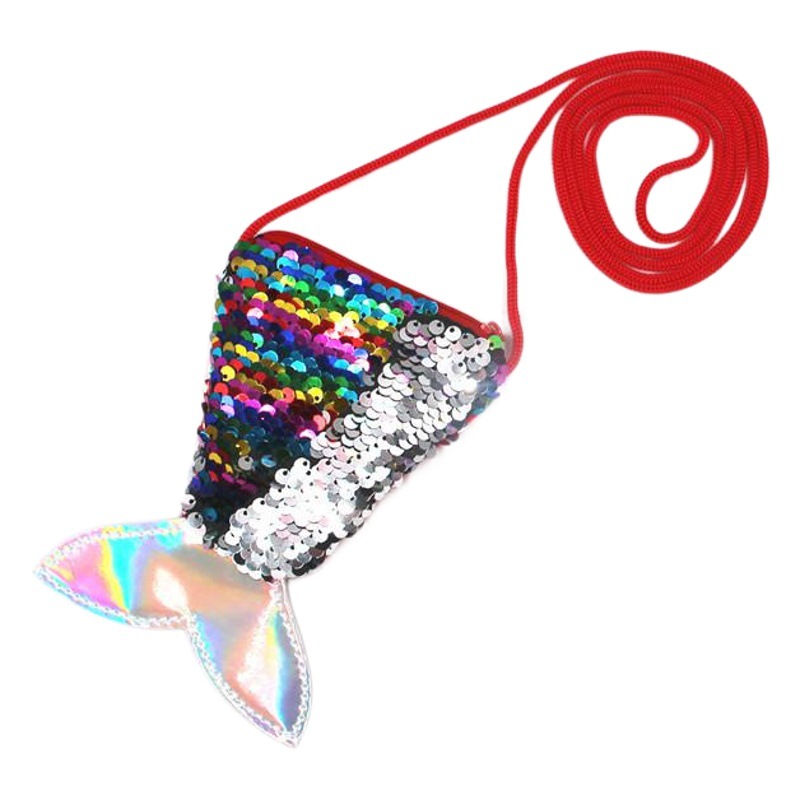 Lentejuelas sirena cordón moneda bolsa pequeña cartera de los niños crossbody pequeña bolsa de cola de pescado de dos colores de lentejuelas monedero para las mujeres