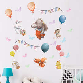 小象气球儿童房装饰背景墙贴画彩旗DIY贴画卡通兔子小熊墙贴STF52
