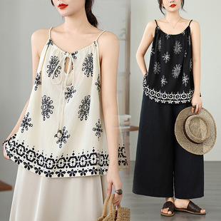 New Chinese Style Retro Loose Strap Sleeveless Top for Women, Lazy Retro Korean Style Casual Floral Halter Neck Suspender