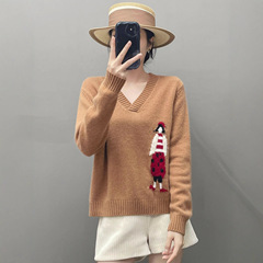 设计感~欧洲站软糯山羊绒女V领毛衣宽松提花小女孩秋冬羊毛毛衣