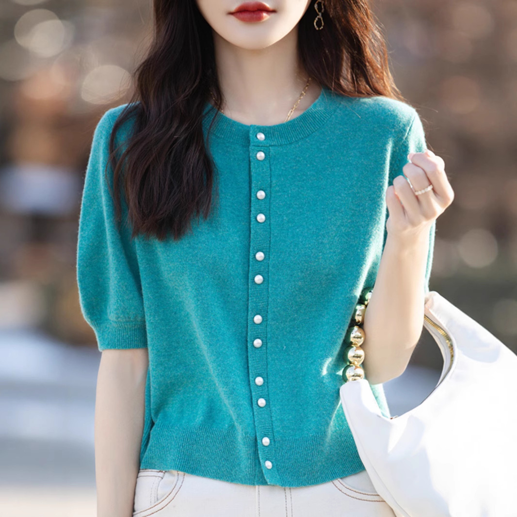 小香风短款短袖针织衫五分袖薄毛衣t恤上衣珍珠扣中袖开衫