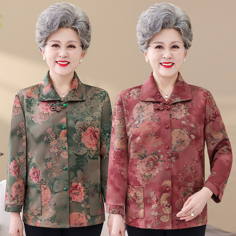 Spring Thin Coat for Mom, Women's Clothing for Middle-Aged and Elderly, Autumn Shirt, Grandma's Style, Collared Chinese-Style Shirt, Clothing for the Elderly