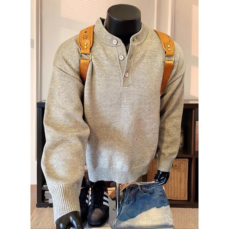 American Retro Henry Collar Knitwear, Autumn and Winter Mature and Stable Men's Knitwear, High-End Lazy Style Inner Layering American Retro Henry Collar Knitwear, Autumn and Winter Mature and Stable Men's Knitwear, High-End Lazy Style Inner Layering