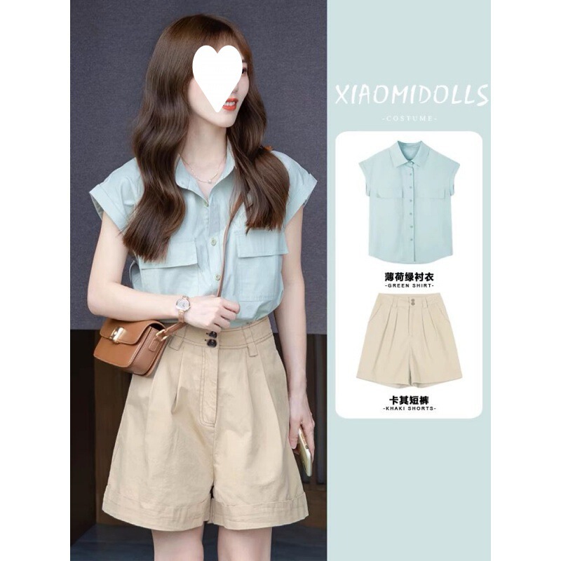 Salt Wear Two-piece Loose Lazy French Design Beautiful Shirt Top Casual Shorts Fashioned suit Salt Wear Two-piece Loose Lazy French Design Beautiful Shirt Top Casual Shorts Fashioned suit