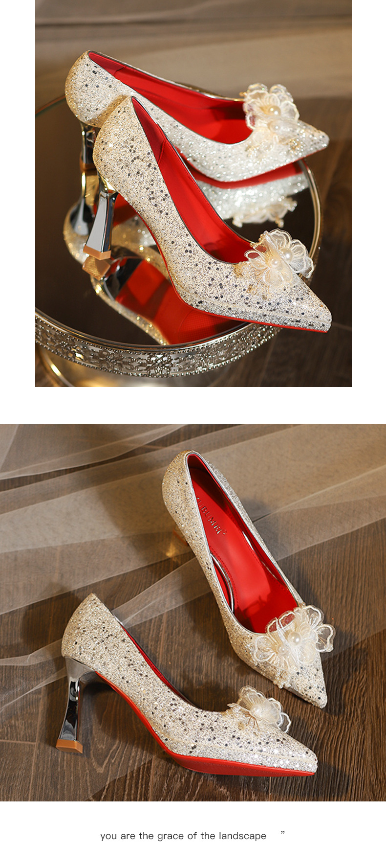 Giày cao gót mũi nhọn đính hoa sequin một dây stiletto — sâm panh chi tiết 9