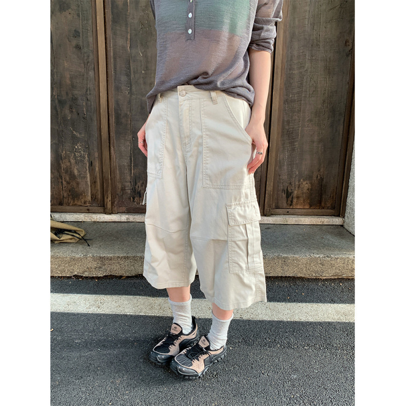 Yuyi Lyocell Tencel Retro Workwear Cropped Pants for Women, Summer Thin Cool Loose Straight Mid-Length Pants Cxx933