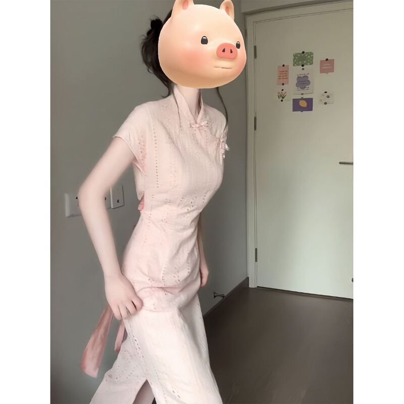 New Chinese-Style Pink Hollow-Out Bowknot Elegant Dress, Improved Cheongsam for Important Occasions, Beautiful Dress for Summer 2026