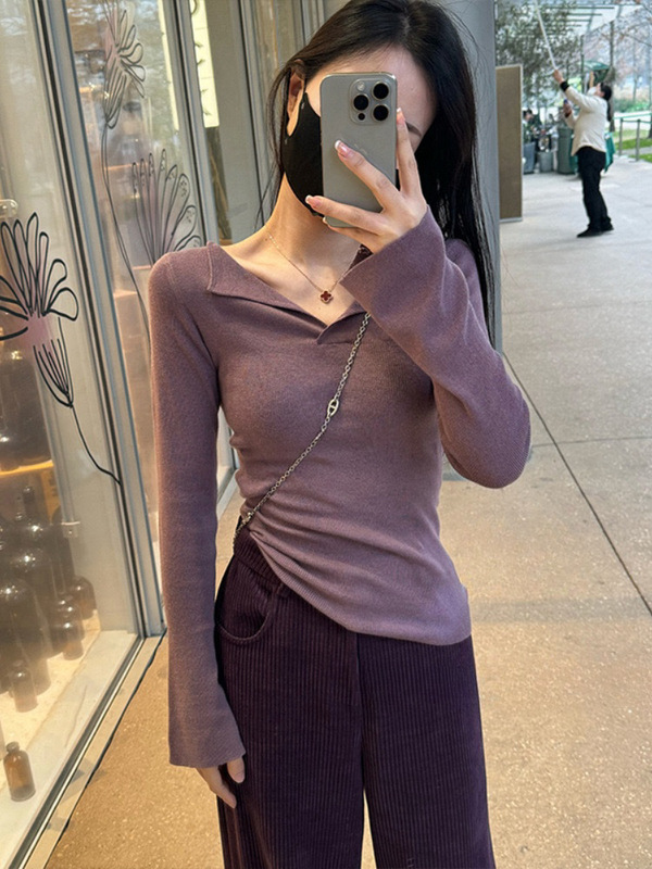黛嘉雯纯色V领长袖打底衫修身显瘦毛衣针织衫女百搭微喇叭袖上衣|undefined